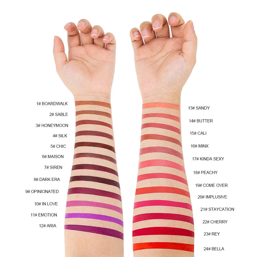 Beauty Does Not Fade matte finish lipstick in nonstick cup packaging, showing range of 24 colour shades.