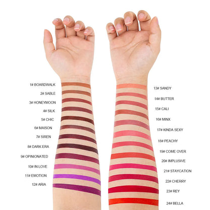 Beauty Does Not Fade matte finish lipstick in nonstick cup packaging, showing range of 24 colour shades.