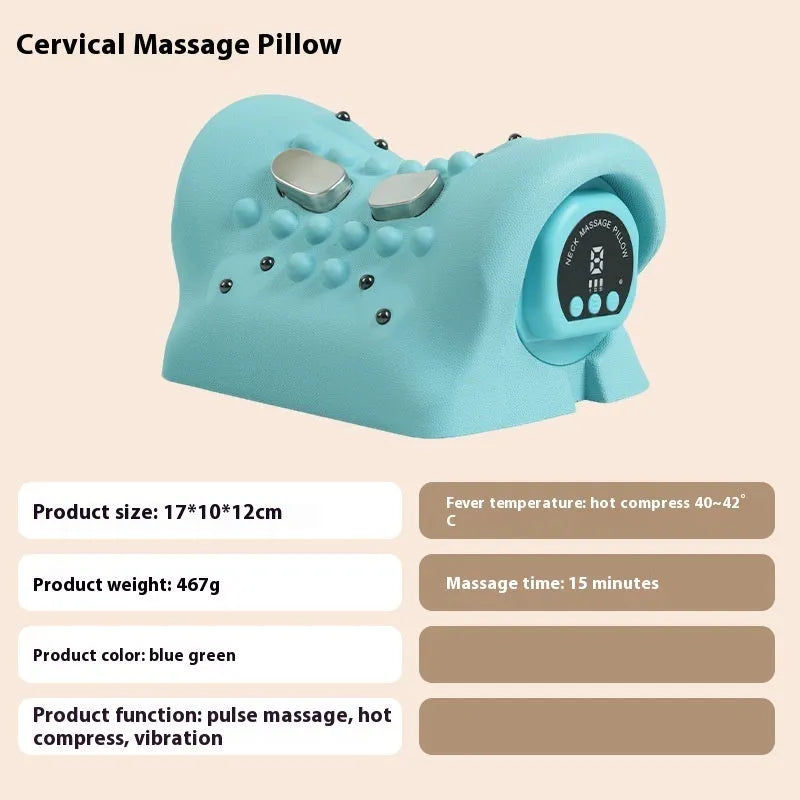 Blue-green portable cervical massage pillow with EMS pulse, hot compress and vibration functions