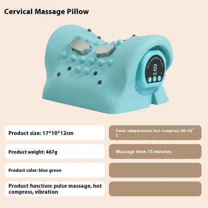 Blue-green portable cervical massage pillow with EMS pulse, hot compress and vibration functions