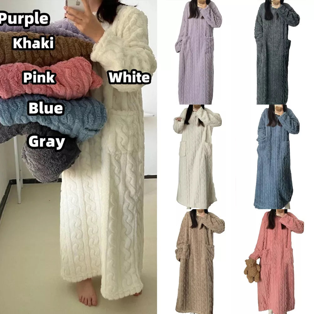 Women's winter coral fleece nightgown with pockets and jacquard design in various colors