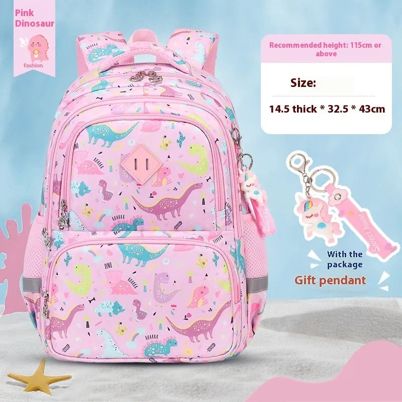 Blue dinosaur pattern children's school backpack with curved straps and waterproof Oxford cloth.