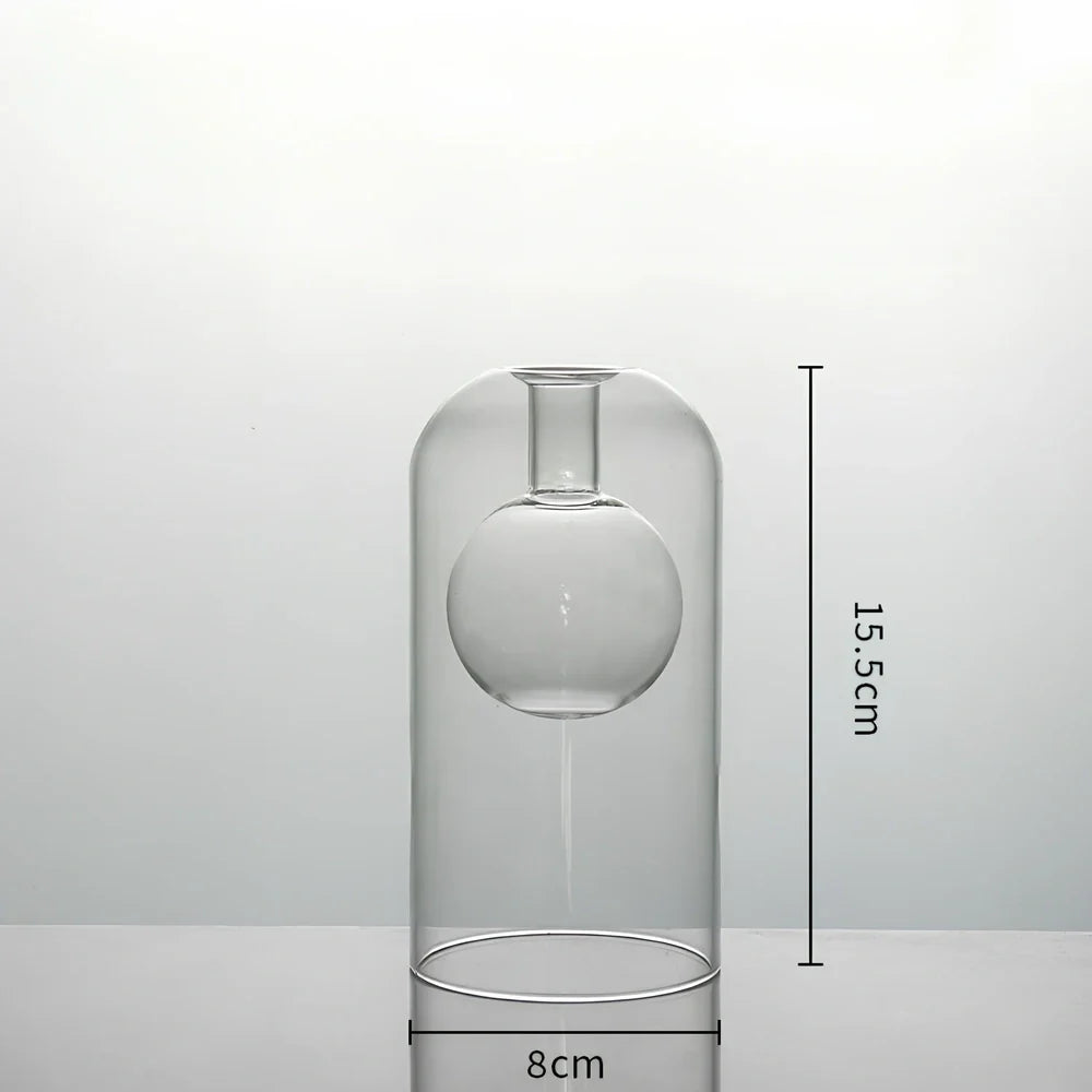 High borosilicate glass vase with double-layer construction measuring 15cm tall and 8cm wide