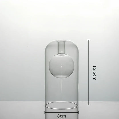High borosilicate glass vase with double-layer construction measuring 15cm tall and 8cm wide