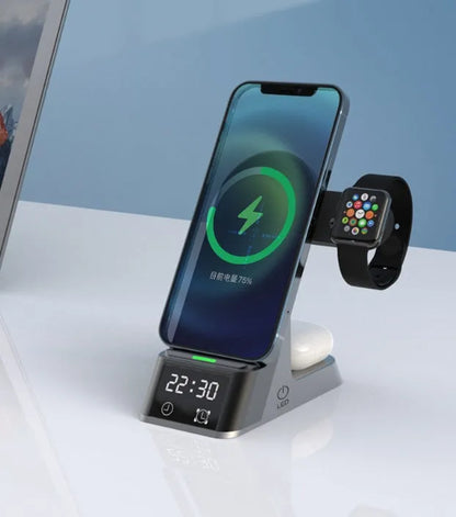 Black multifunctional wireless charging alarm clock with six device charging capability and integrated clock display