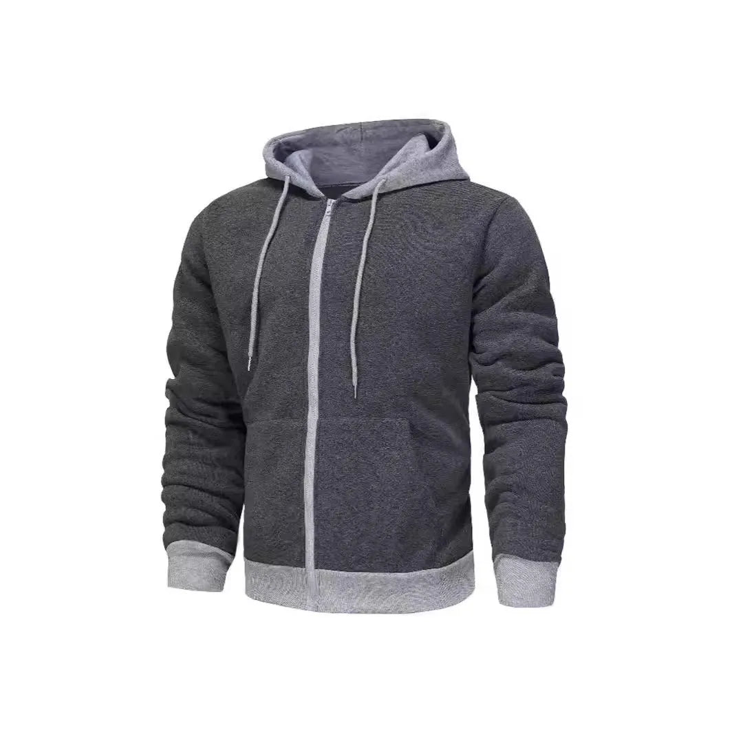 Men's black zip-up hoodie cardigan with a fleece lining, shown with the hood up.