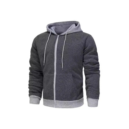 Men's black zip-up hoodie cardigan with a fleece lining, shown with the hood up.