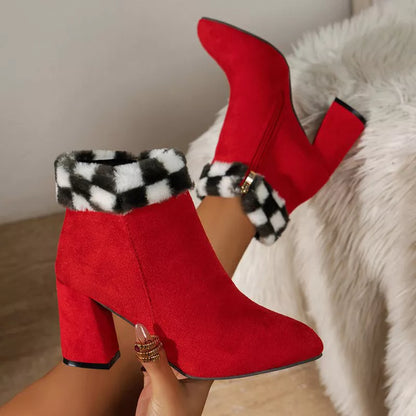 Women's plaid print plush ankle boots with square heel and fur insole