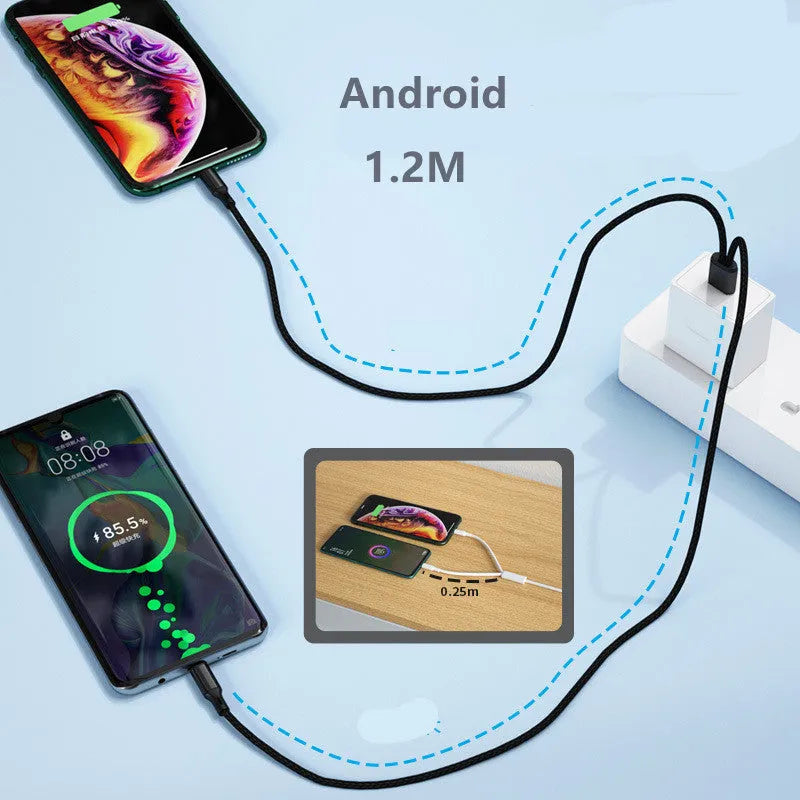 Black braided dual-port Android charging cable with aluminium connectors charging two smartphones simultaneously