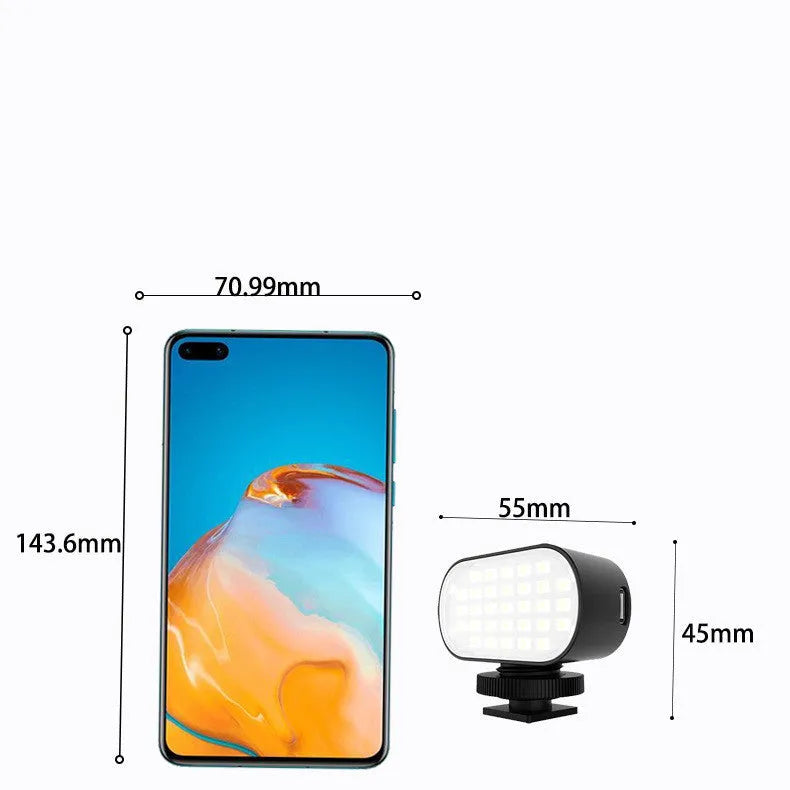 Mobile phone fill light with adjustable brightness 800LUX and stepless dimming, six colour photography palettes, 120° beam angle and built-in 750mAh battery for live streaming, selfies, and TikTok content creation, ST-30 model in black