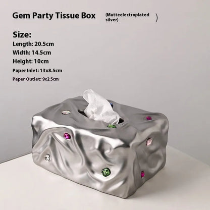 Ceramic tissue box with gem party design in matte white or silver finish
