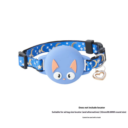 Adjustable cat collar with AirTag protective case in colour-matched design showing sizing options