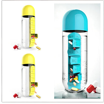 Two-in-one water cup with attached 7-day pill organiser showing daily compartments and screw-top lid