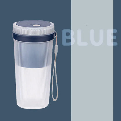Portable USB rechargeable blender cup in blue, green, or pink with 300ml capacity and detachable blades