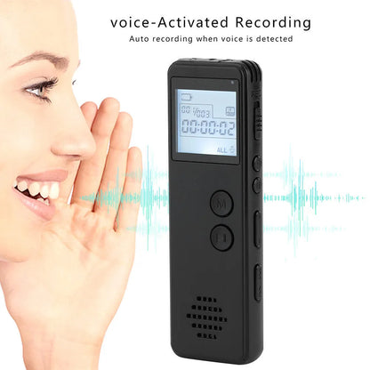 Black MP3 digital voice recorder with matte finish, 88mm x 33mm x 12.5mm, featuring a broken code screen and one-key recording button.