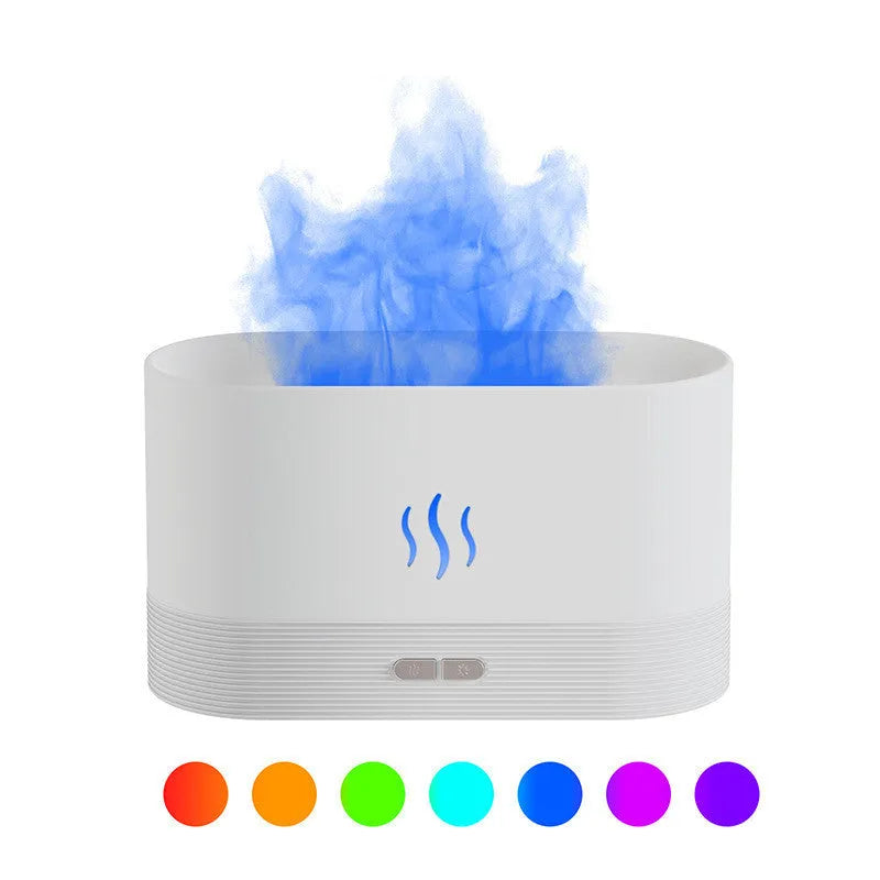 Square black aroma diffuser with flame light effect and mist output, 75x75x137mm