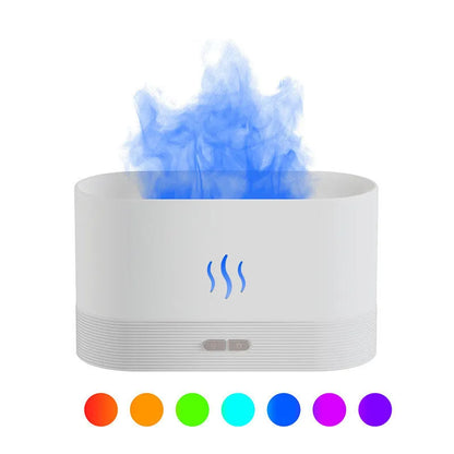 Square black aroma diffuser with flame light effect and mist output, 75x75x137mm