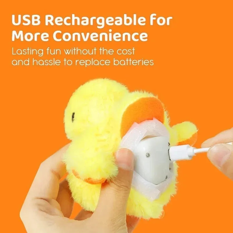Yellow electric flapping duck cat toy with vibration sensor and removable plush cover