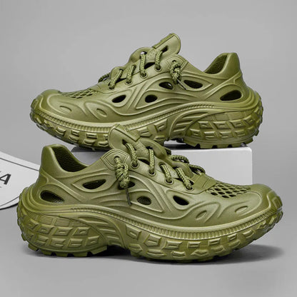 Men's thick-soled EVA summer sandals in army green with a hollow-out design and covered heel