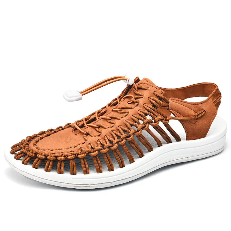 Fashion woven sandals with elastic drawstring tie closure and rubber sole in rainbow colour