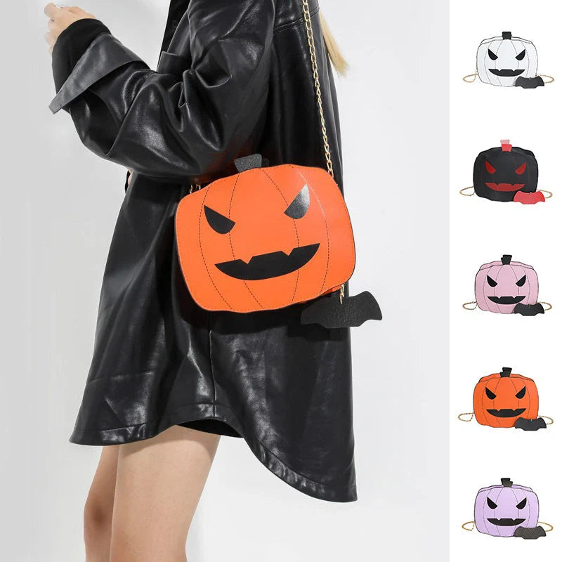 Halloween Cartoon Pumpkin Shoulder Bag in various colors with adjustable chain strap