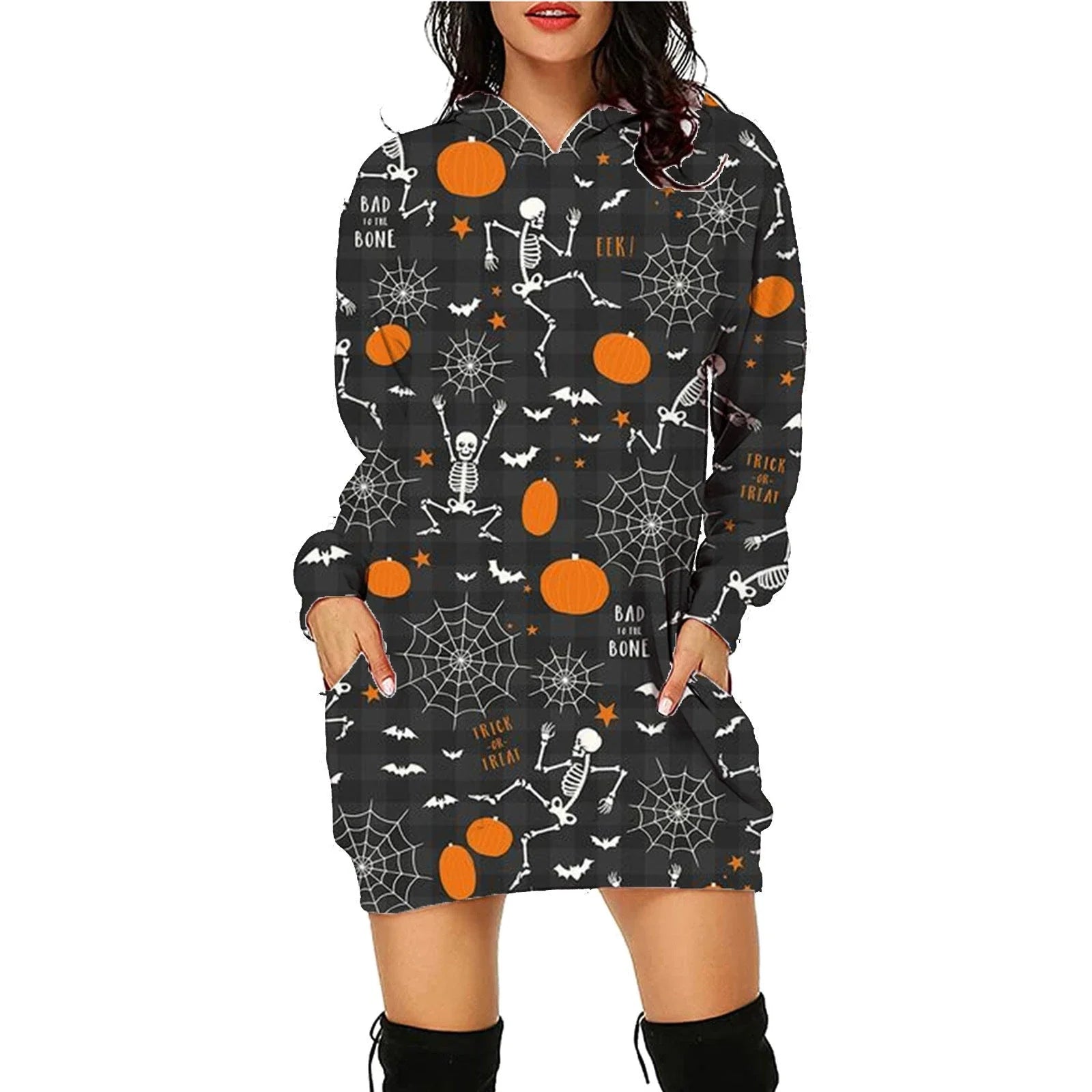 A comfortable and stylish Halloween-themed hooded sweatshirt with a unique printed design and convenient front pockets.