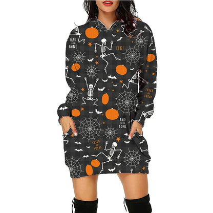 A comfortable and stylish Halloween-themed hooded sweatshirt with a unique printed design and convenient front pockets.