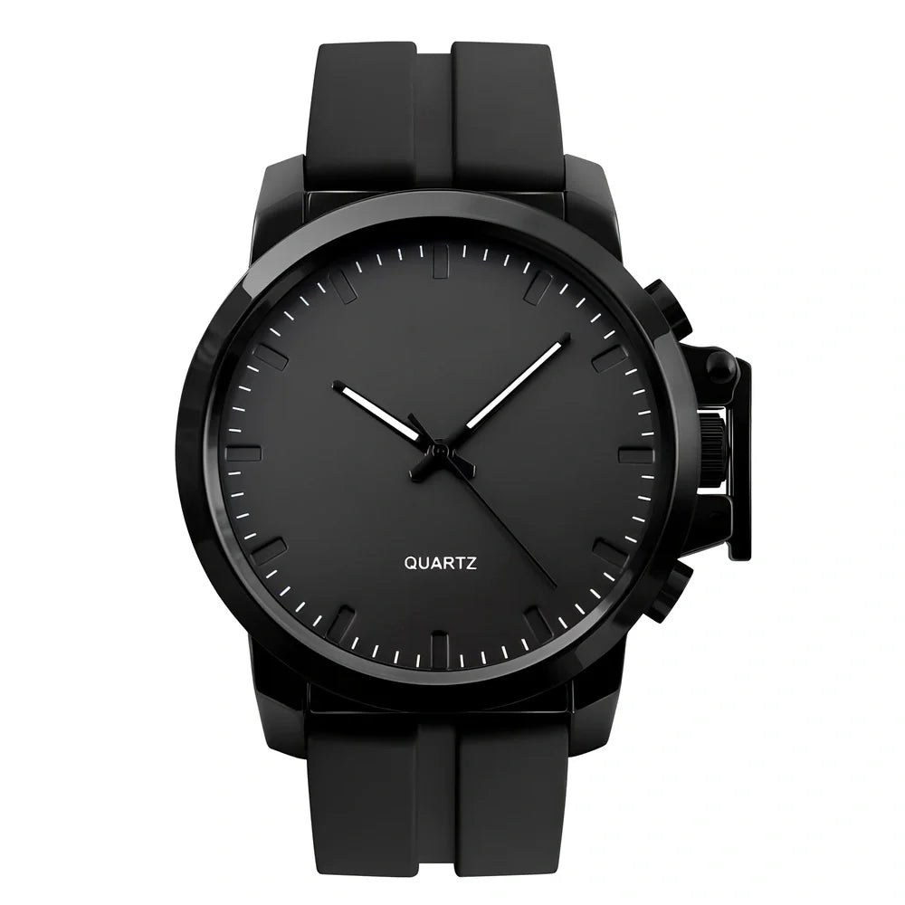 Men's black quartz wristwatch with 50mm dial, zinc alloy case, 12mm thickness, and silicone strap for outdoor use