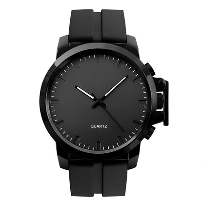 Men's black quartz wristwatch with 50mm dial, zinc alloy case, 12mm thickness, and silicone strap for outdoor use
