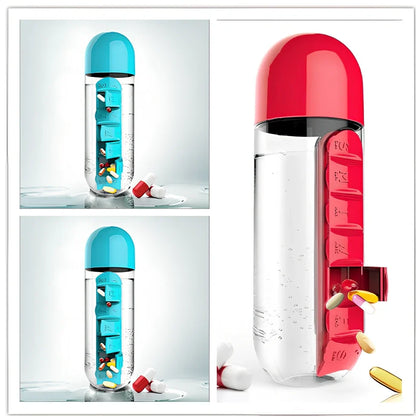 Two-in-one water cup with attached 7-day pill organiser showing daily compartments and screw-top lid