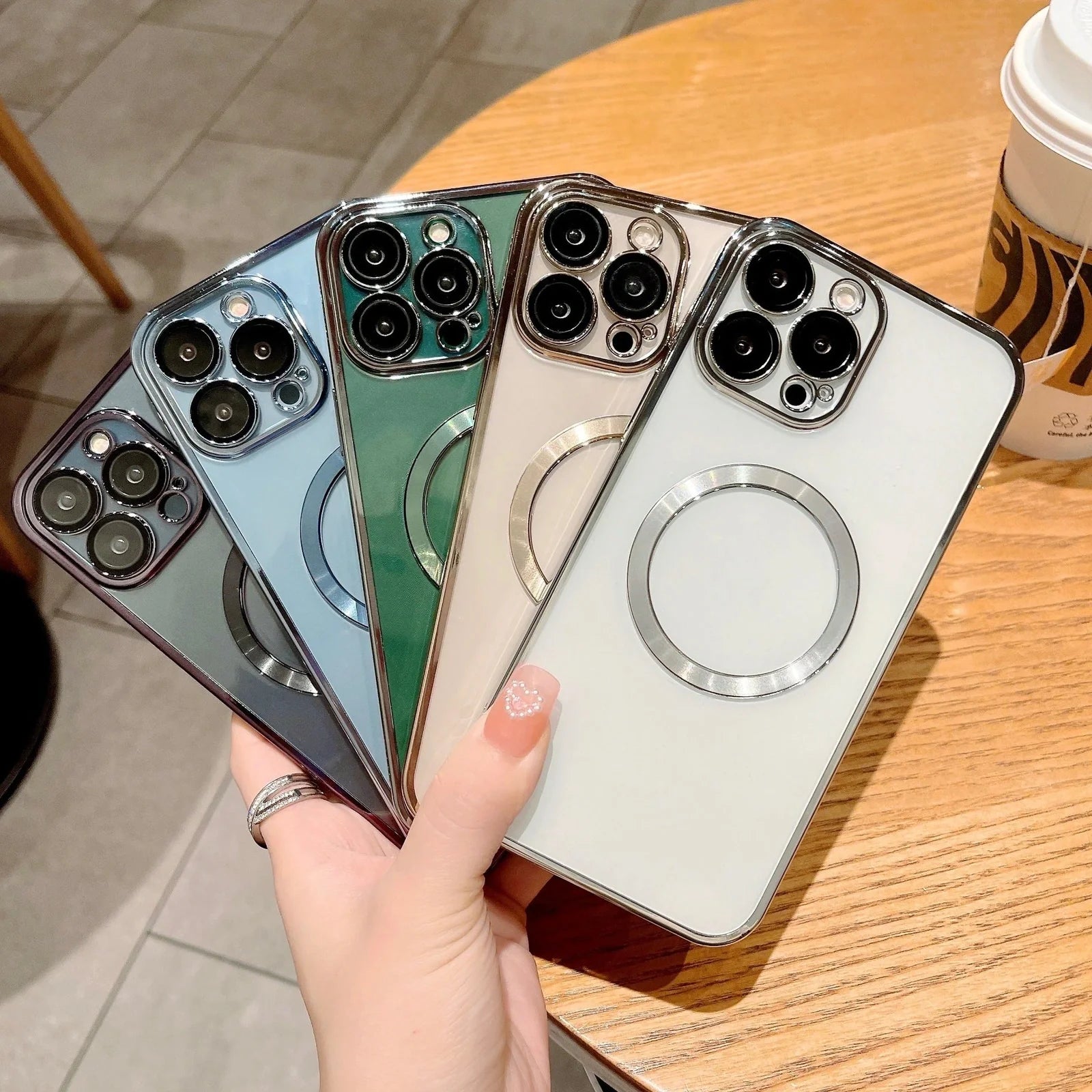 TPU transparent electroplating CD pattern magnetic phone case showing holographic effect on iPhone