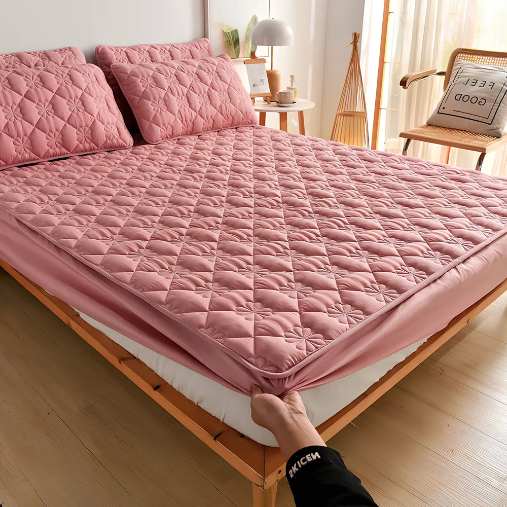 Mattress cover dust cover with brushed weave texture shown on bed, includes bed cover and pillowcase