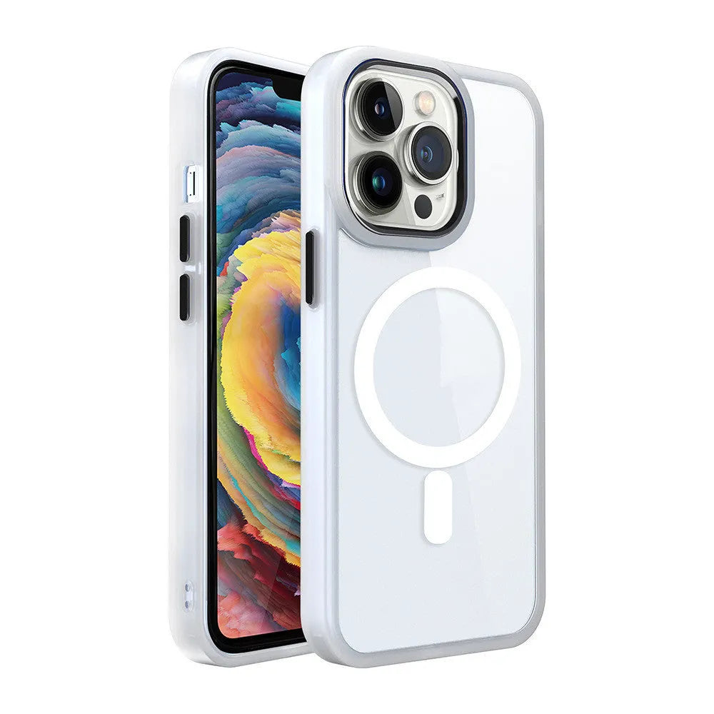 Magnetic transparent silicone phone case showing iPhone compatibility and 10 colour options including green, red, blue, and purple