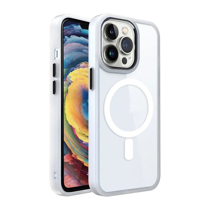 Magnetic transparent silicone phone case showing iPhone compatibility and 10 colour options including green, red, blue, and purple