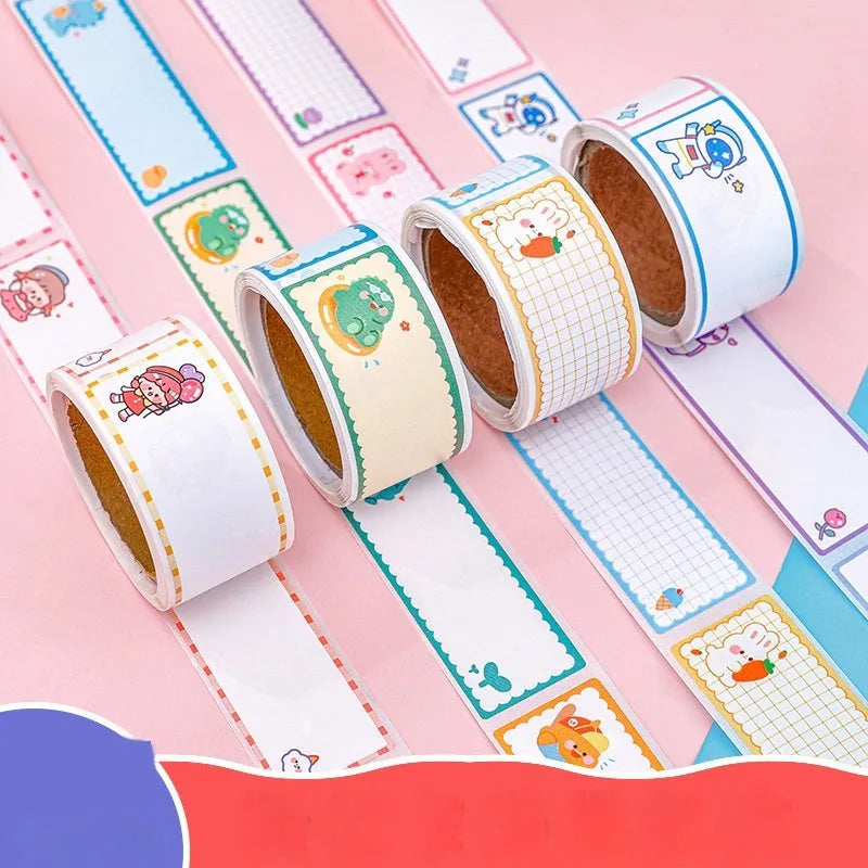 Roll of student name tape stickers with cartoon dinosaur, astronaut, rabbit, and girl designs for labelling
