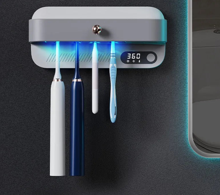 White wall-mounted smart toothbrush steriliser holder with UV disinfection and USB charging port