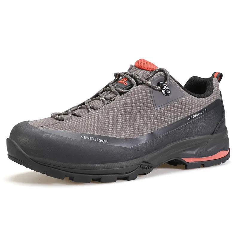 Men's low-top hiking boots in black with lace-up front and rubber outsole.