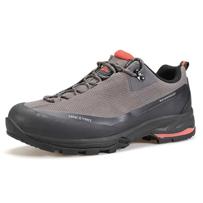 Men's low-top hiking boots in black with lace-up front and rubber outsole.