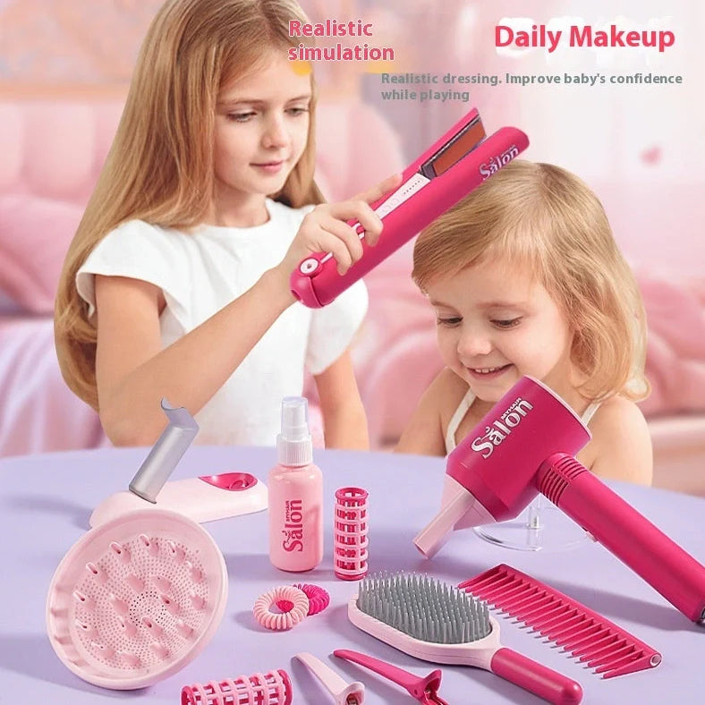 Children's plastic hair salon toy set with hair dryer and curler pieces for role-play