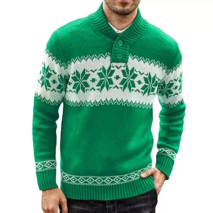 Men's green jacquard knitted pullover sweater for autumn and winter