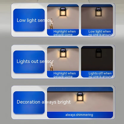 Black solar garden wall lamp with waterproof IP65 rating and automatic light sensor for outdoor installation