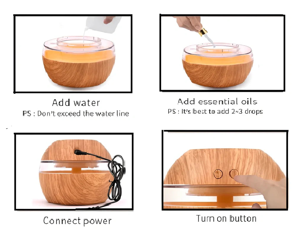White ABS essential oil diffuser measuring 110x110x90mm with 300ml water capacity and USB power connection
