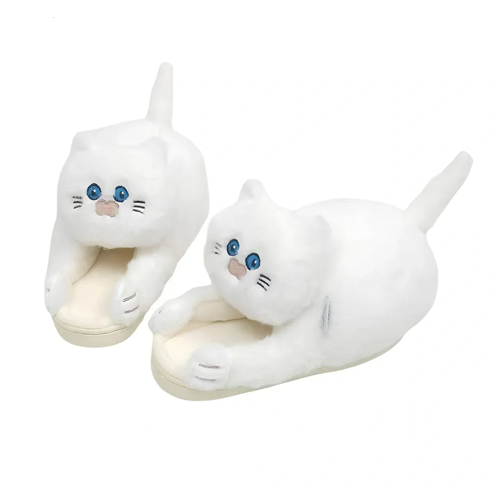 Cotton cat slippers with non-slip sole and animal pattern in blue, white, or beige