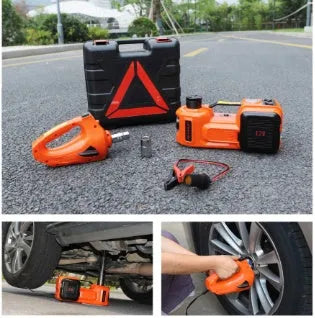 Automotive electro-hydraulic jack with wrench in black or yellow for car tyre changes