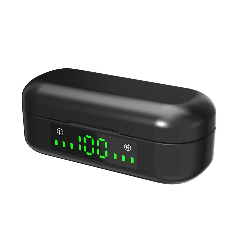 Black Bluetooth earphone with Bluetooth 5.0, 10 metre range, stereo sound, battery display and voice control