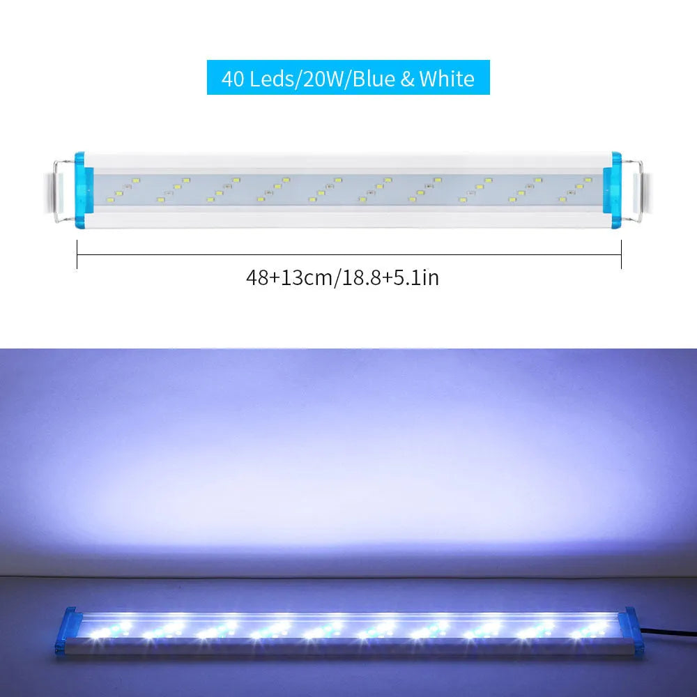 Ultra-thin blue and white LED aquarium light with multiple length options on PVC housing