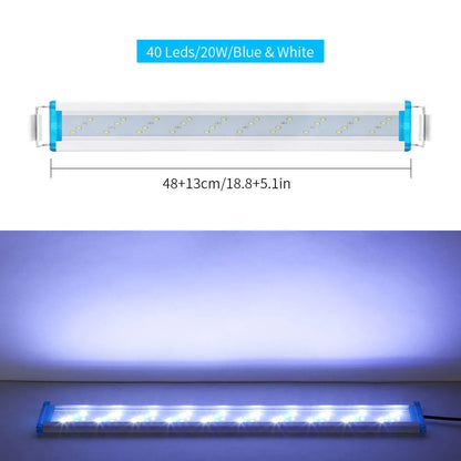 Ultra-thin blue and white LED aquarium light with multiple length options on PVC housing