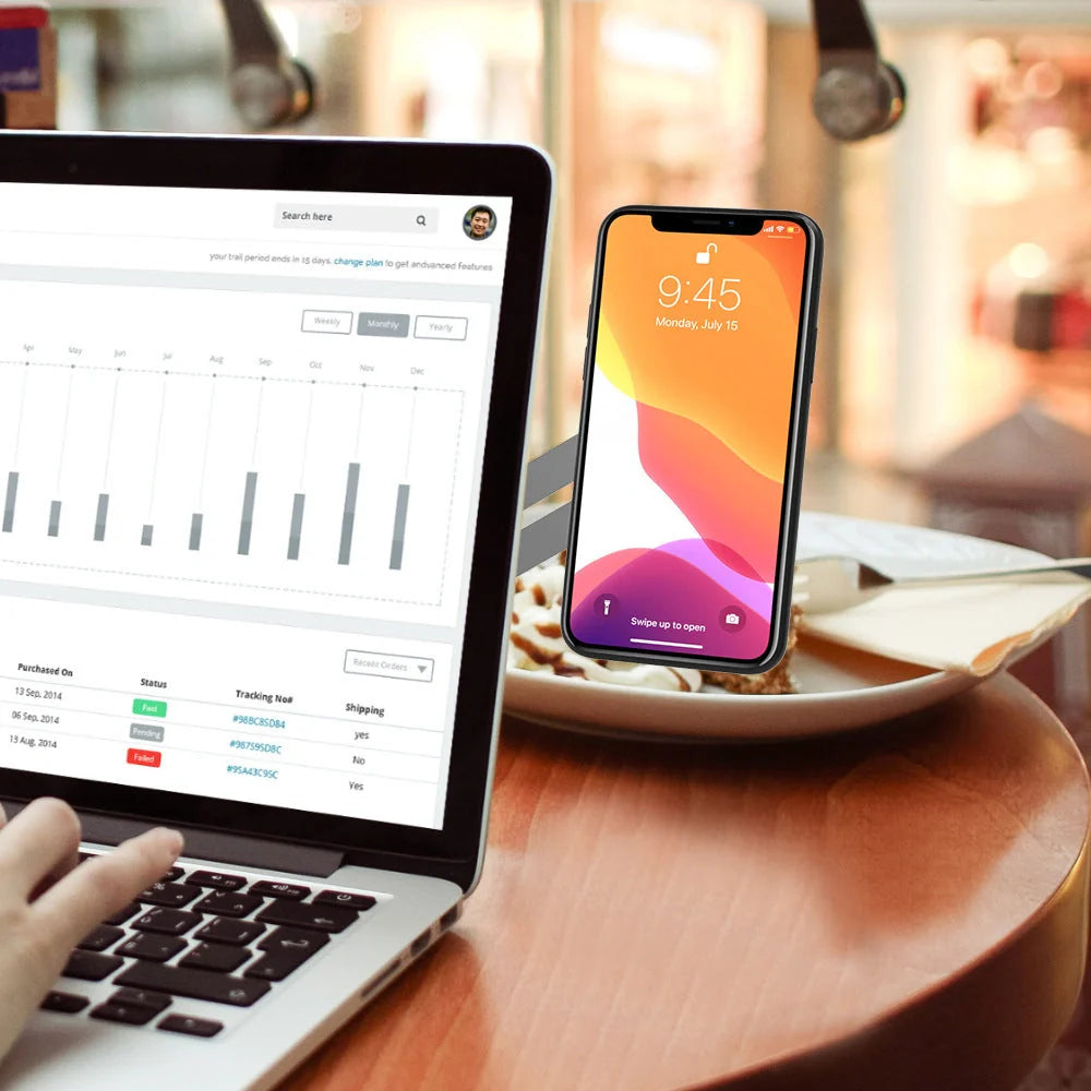 Adjustable laptop side mount with tablet bracket in silver, black, and rose gold