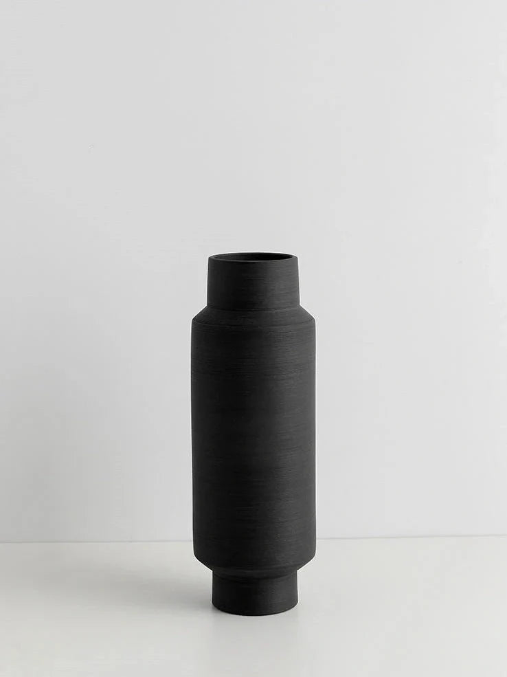 Nordic style ceramic vase with wire drawing textured surface in neutral colour with unburnt matte finish