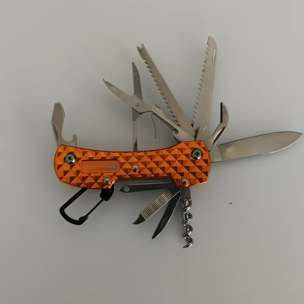 Black handled multifunctional folding army knife open to 22cm with stainless steel blade for fishing and outdoor use